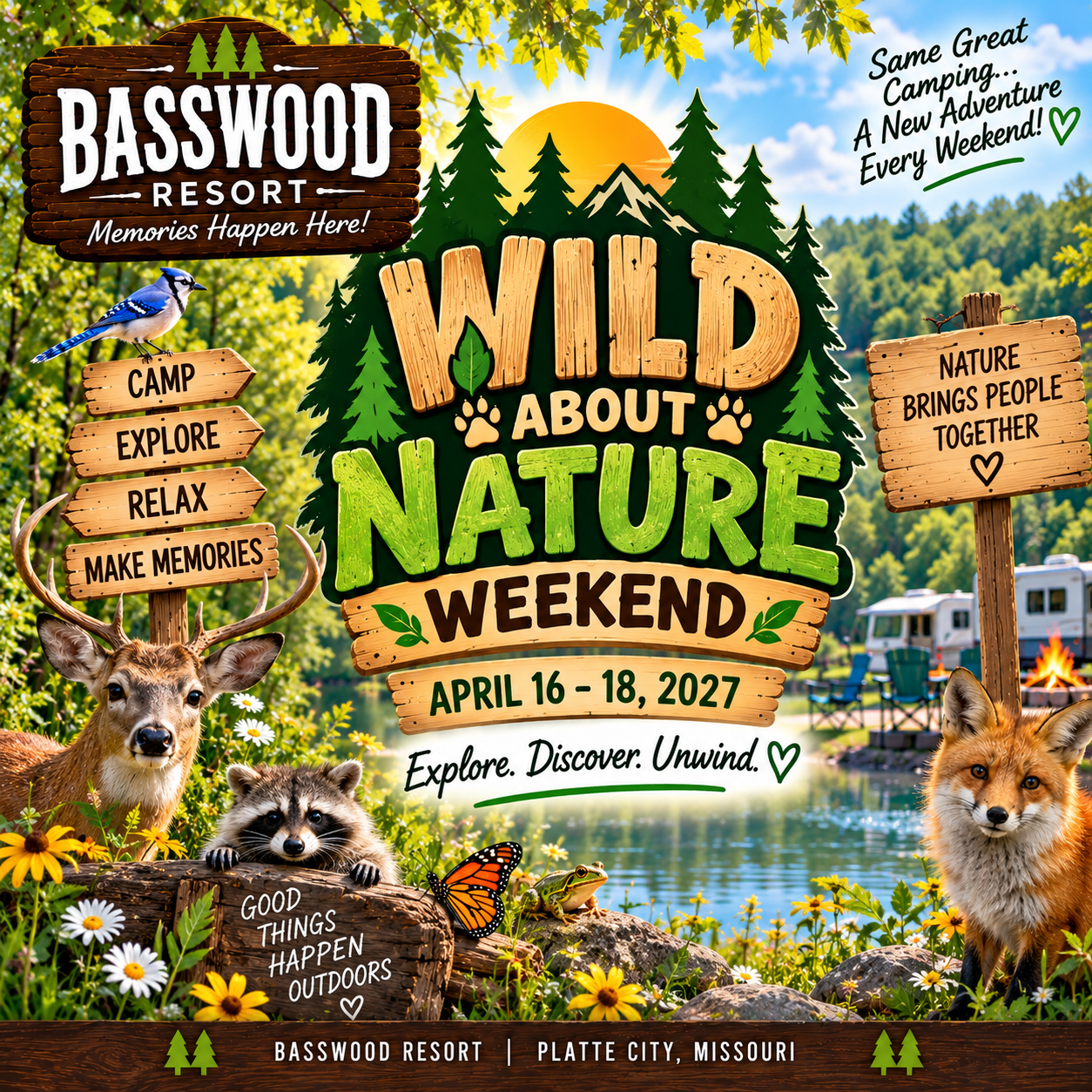 Colorful promotional poster for Wild About Nature Weekend at Basswood Resort, Missouri, April 16–18, 2027, featuring wildlife, RVs, camping activities, and nature-themed slogans.