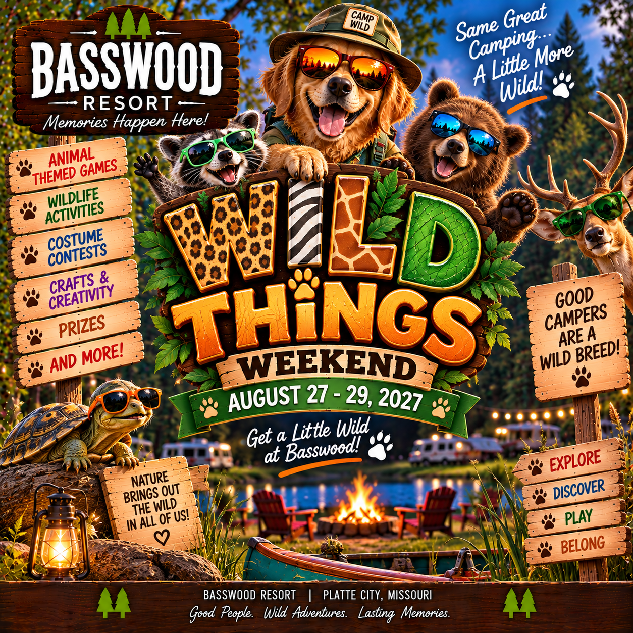 Promotional poster for “Wild Things Weekend” at Basswood Resort, August 27–29, 2027, featuring cartoon animals, event info, themed games, and camping activities.