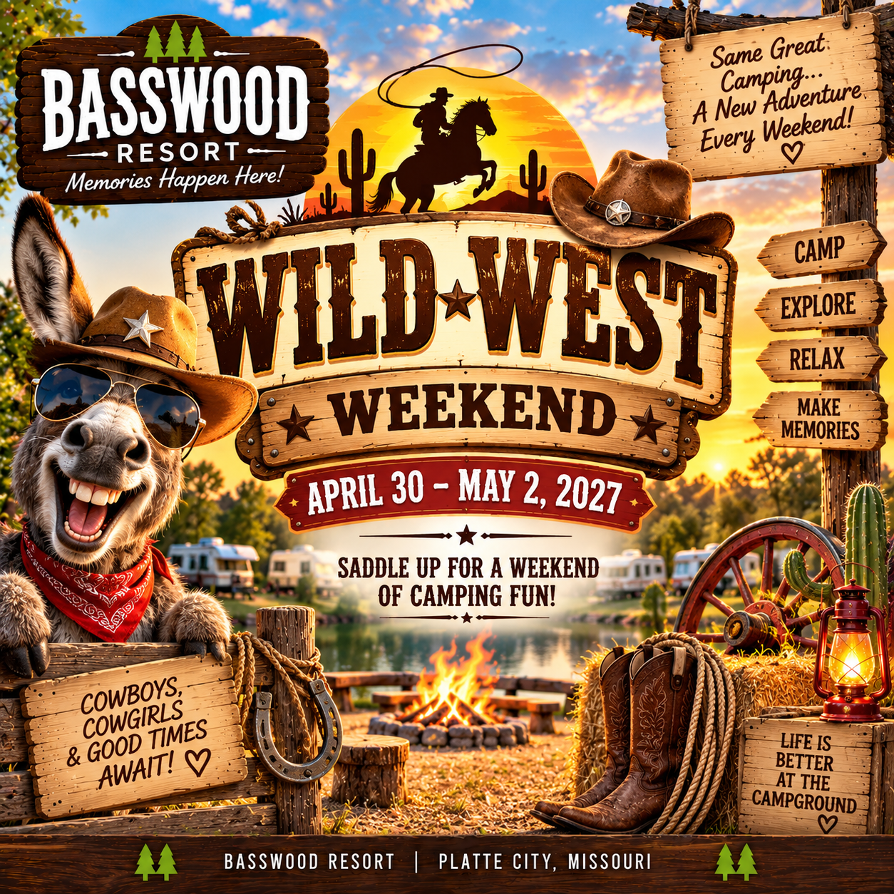 Poster for “Wild West Weekend” at Basswood Resort, Platte City, Missouri, featuring event dates, camping activities, and western-themed decorations with a cartoon donkey.