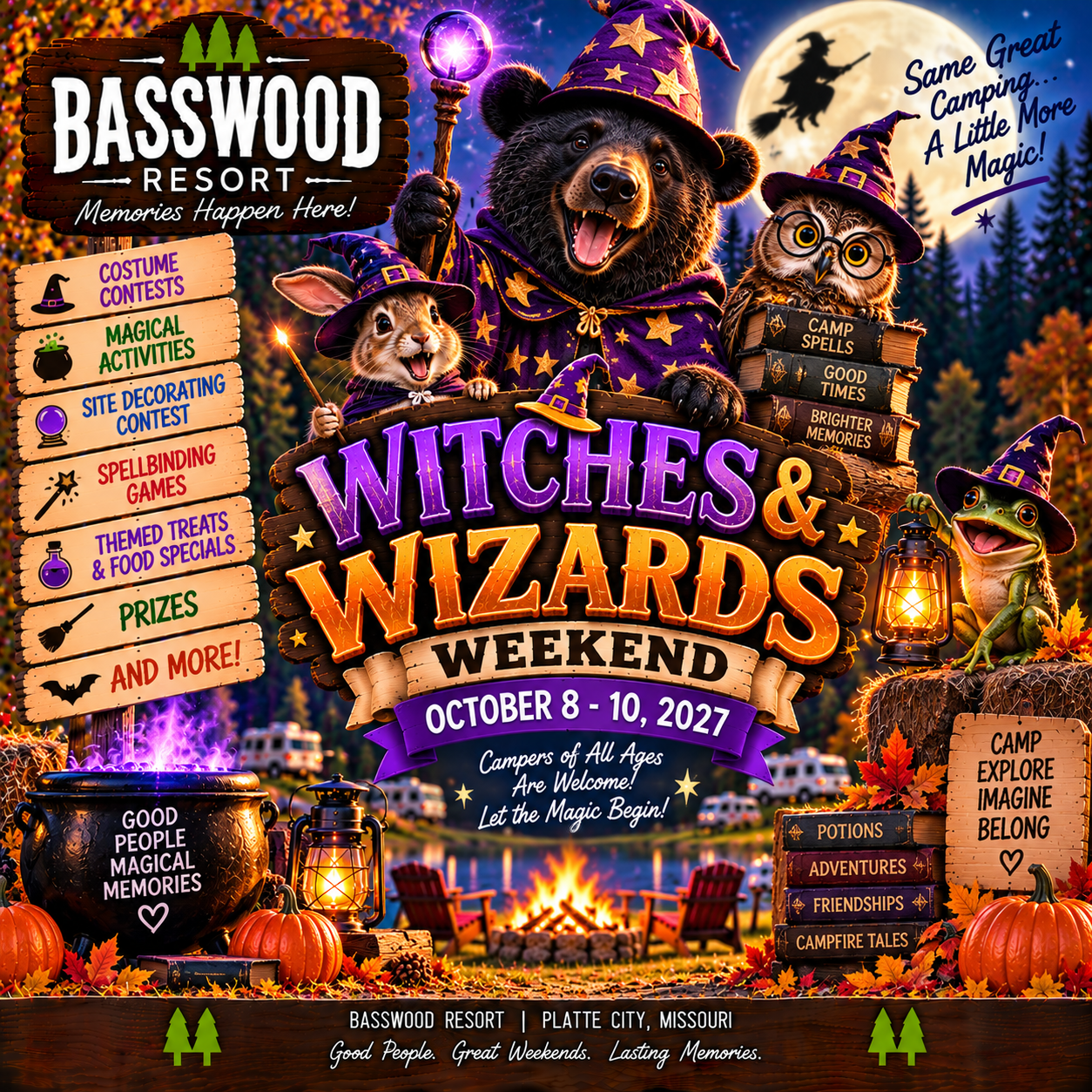 Four animals in wizard costumes stand around a campfire at a campsite. Sign reads “Witches & Wizards Weekend, October 8-10, 2027” at Basswood Resort, with event details and decorations.