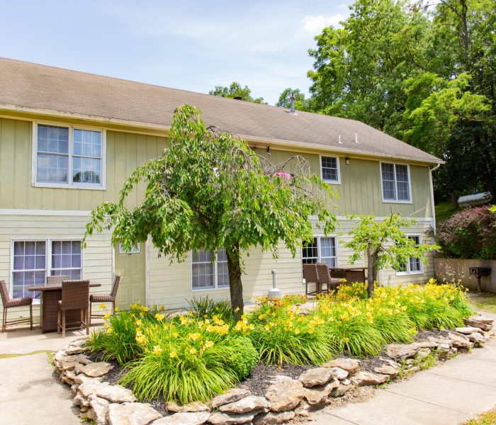 Two-story house with yellow-green siding, surrounded by trees and plants, featuring outdoor patio furniture and a landscaped flower bed with rocks and blooming yellow flowers.