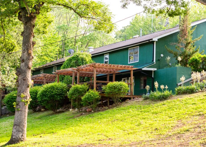 A green house with a wooden pergola sits on a grassy, tree-shaded slope, surrounded by vibrant shrubs, blooming plants, and lush trees under bright sunlight.