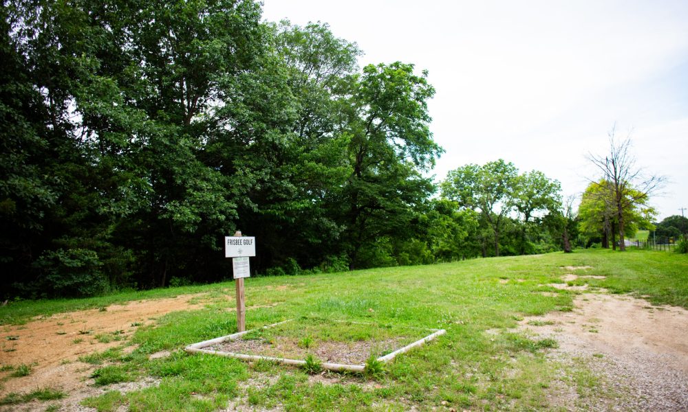 A small grassy area bordered by wooden beams with a sign reading "Free Site," surrounded by trees and a dirt path under a bright, partly cloudy sky.