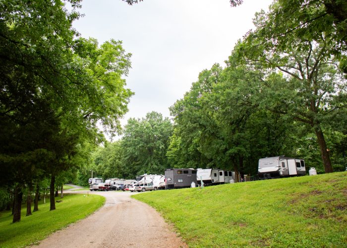 A dirt road curves through a grassy, wooded area lined with trees. Several RVs and camper trailers are parked together on a clearing to the right of the road. The sky is overcast.